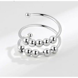 Fidget Anxiety 10 Bead Spinning Ring Silver Color Minimalist Adjustable Size